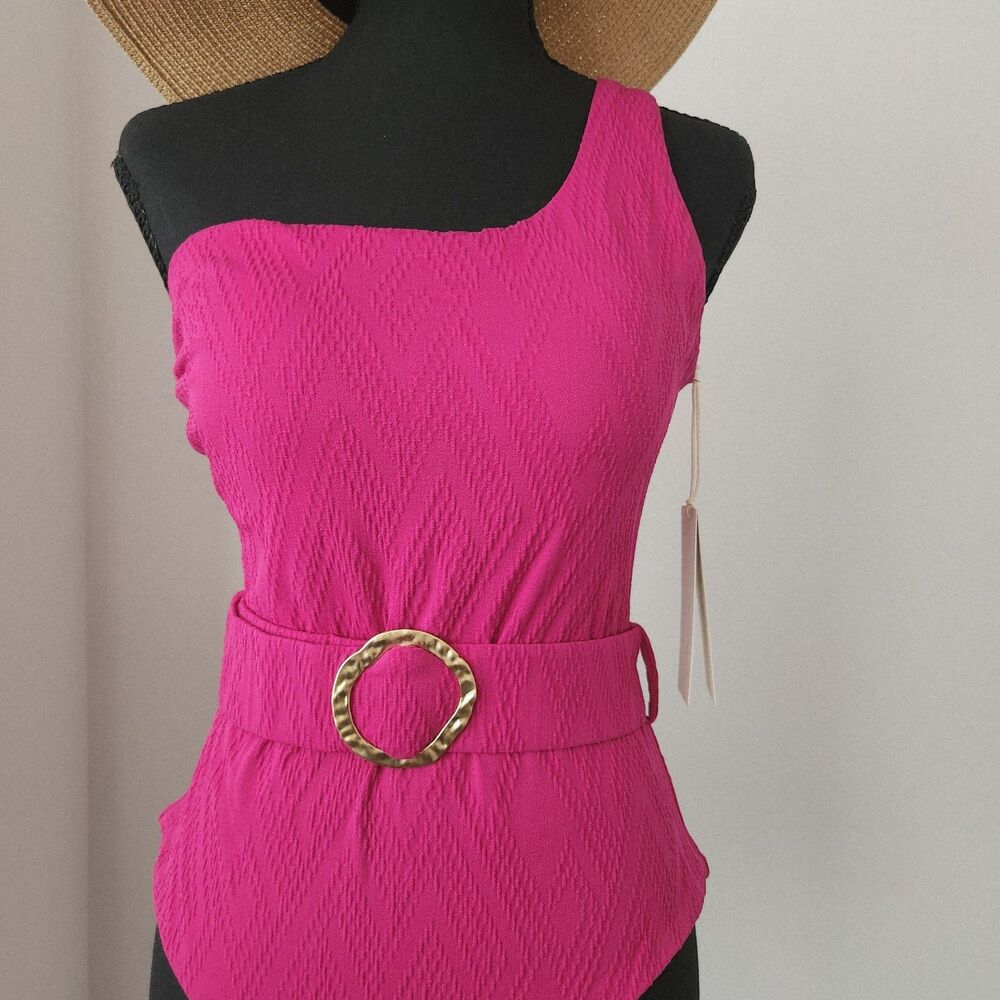NWT Cosita Linda One Shoulder One Piece Swimsuit Belted Magenta Handmade XL - Picture 3 of 10